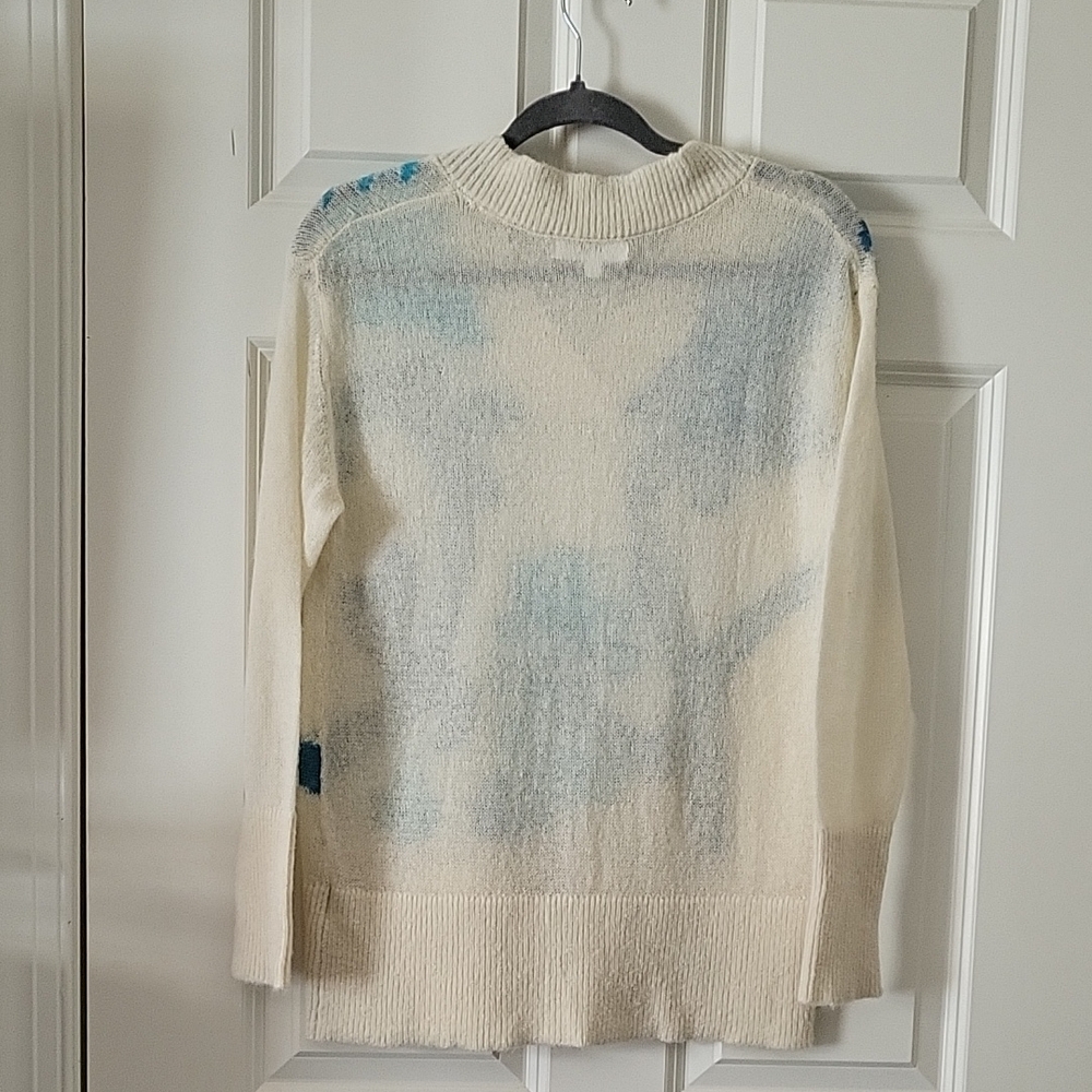 MD'M Ivory Mohair-Blend V-Neck Sweater with Turquoise Pattern Women Size M - Picture 3 of 9